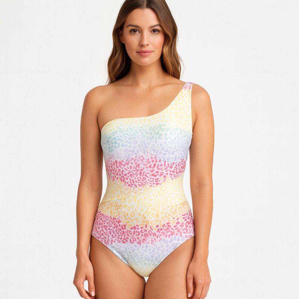Onia One Piece Swim Suit One Shoulder Rainbow Animal Print M